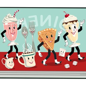 以下が含まれることがあります： ダイナーの食べ物のキャラクターが踊っているカラフルなイラスト。ミルクシェイク、サンデー、パイの切れ端、コーヒーカップ、スプーン、フォークはすべて擬人化され、靴と帽子をかぶっています。背景は薄い青色で、白い文字で「ダイナー」と書かれています。