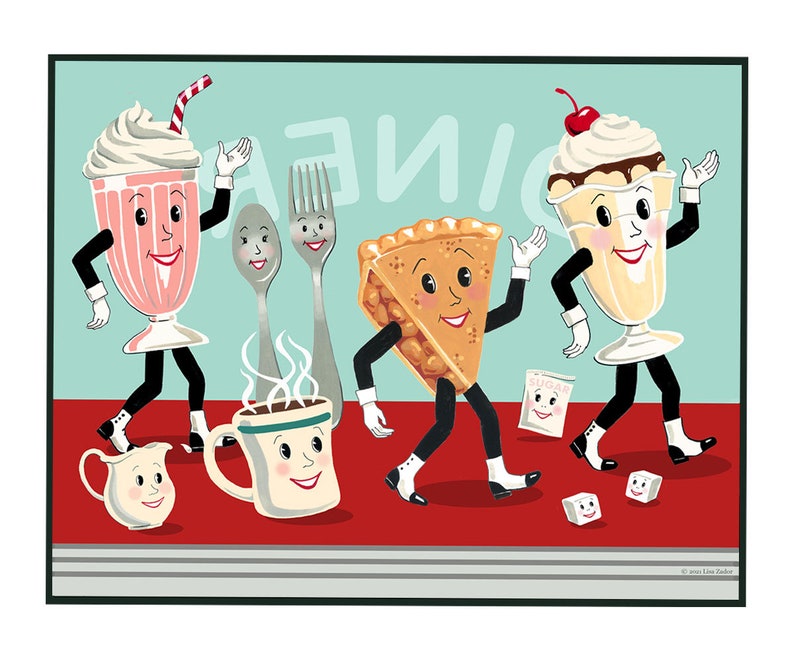 以下が含まれることがあります： ダイナーの食べ物のキャラクターが踊っているカラフルなイラスト。ミルクシェイク、サンデー、パイの切れ端、コーヒーカップ、スプーン、フォークはすべて擬人化され、靴と帽子をかぶっています。背景は薄い青色で、白い文字で「ダイナー」と書かれています。