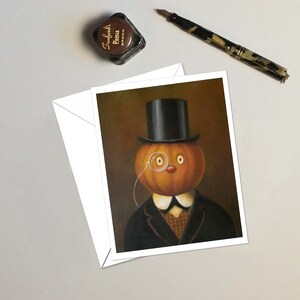 May include: A painting of a pumpkin wearing a top hat and a monocle. The pumpkin is dressed in a black suit with a white collar and a patterned vest. The background is a dark brown color.