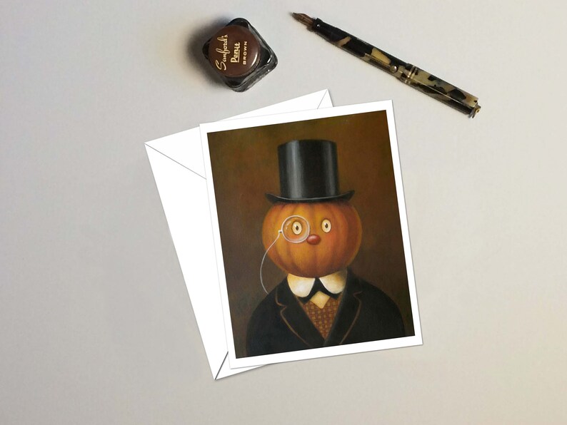 May include: A painting of a pumpkin wearing a top hat and a monocle. The pumpkin is dressed in a black suit with a white collar and a patterned vest. The background is a dark brown color.