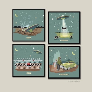 May include: Four illustrated square prints with a retro style depicting different UFO sightings. The first print shows a UFO crashed in a field with the text "Roswell". The second print shows a UFO beaming up a cow with the text "Cattle Abduction". The third print shows a UFO over a fence with the text "Area 51" and a stop sign. The fourth print shows a couple looking up at a UFO with the text "Betty & Barney Hill".