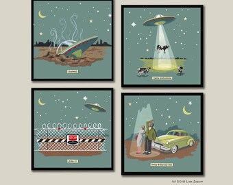 ロズウェル、エリア51、空飛ぶ円盤、エイリアンなどのオリジナルアート
