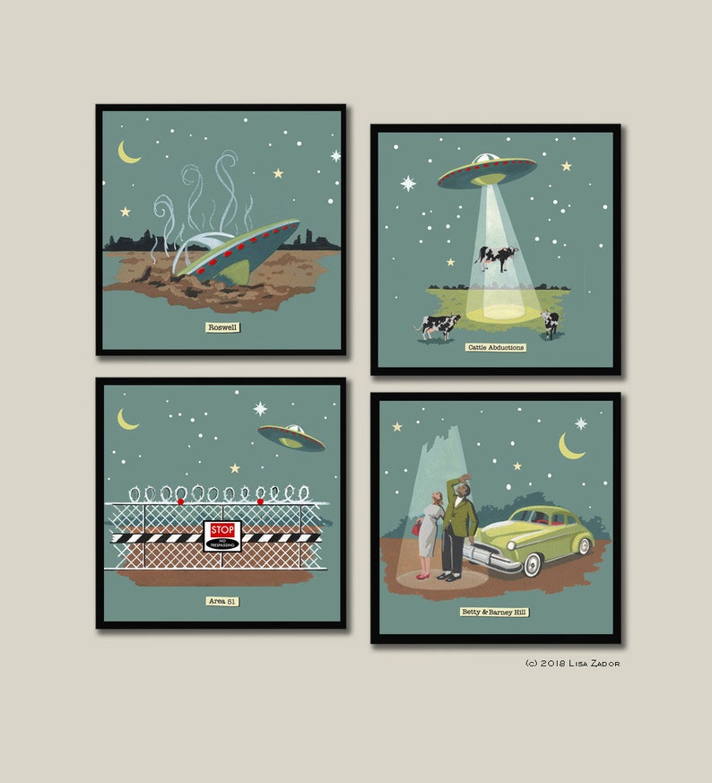 May include: Four illustrated square prints with a retro style depicting different UFO sightings. The first print shows a UFO crashed in a field with the text "Roswell". The second print shows a UFO beaming up a cow with the text "Cattle Abduction". The third print shows a UFO over a fence with the text "Area 51" and a stop sign. The fourth print shows a couple looking up at a UFO with the text "Betty & Barney Hill".