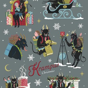 May include: A whimsical illustration of Krampus, a Christmas demon, in various scenes. He is depicted carrying a sack, riding a sleigh, and interacting with children. The illustration features a festive color palette of red, green, and black, with a gray background. The text "Krampus Christmas" is written in a stylized font.