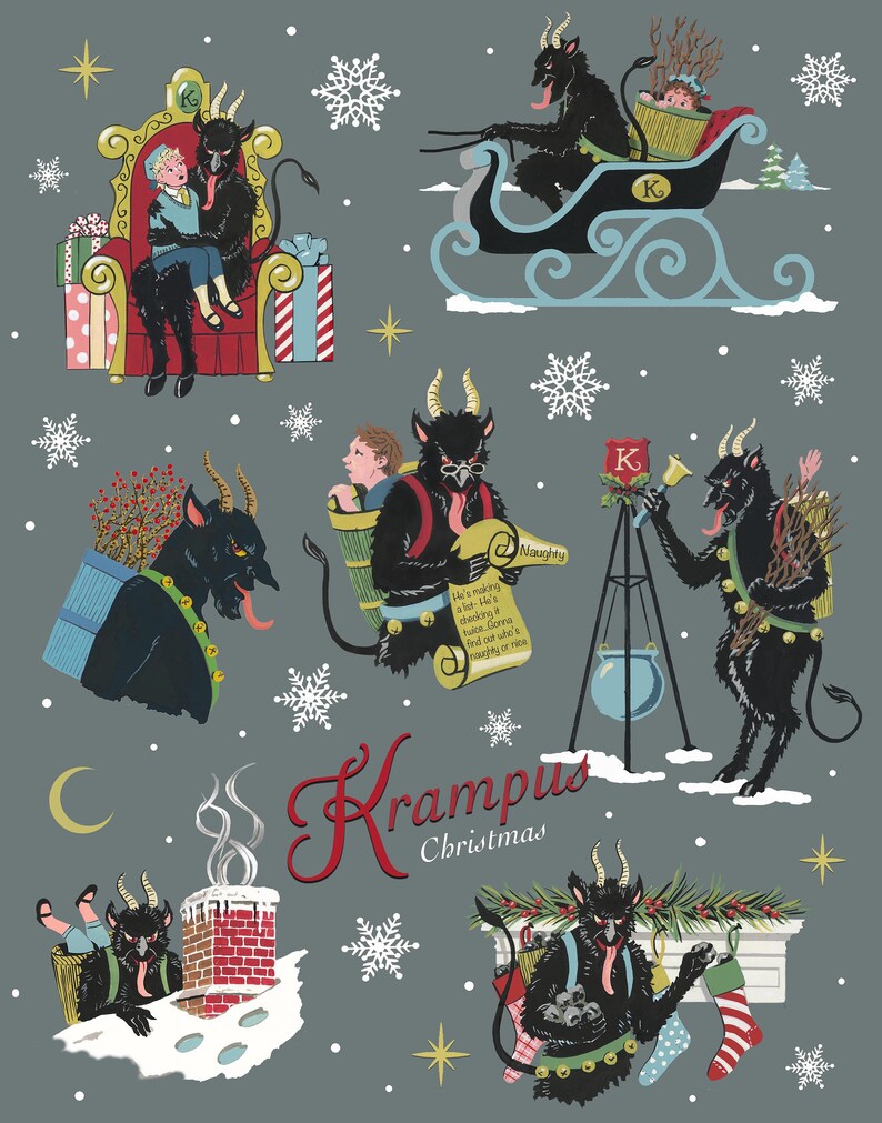 May include: A whimsical illustration of Krampus, a Christmas demon, in various scenes. He is depicted carrying a sack, riding a sleigh, and interacting with children. The illustration features a festive color palette of red, green, and black, with a gray background. The text "Krampus Christmas" is written in a stylized font.