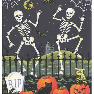 May include: Two skeletons in a graveyard setting dance in front of a fence.  The skeletons are white with black outlines.  There are pumpkins, a black cat, an owl, and a mouse in the foreground.  The text "RIP" is on a tombstone.