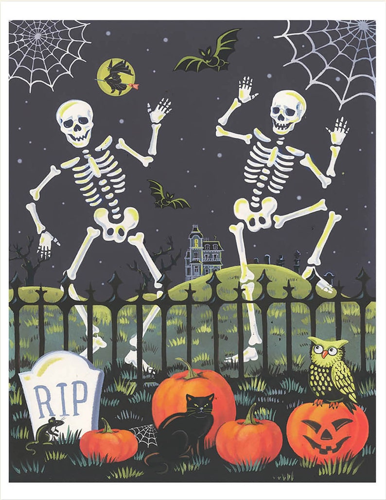 May include: Two skeletons in a graveyard setting dance in front of a fence.  The skeletons are white with black outlines.  There are pumpkins, a black cat, an owl, and a mouse in the foreground.  The text "RIP" is on a tombstone.