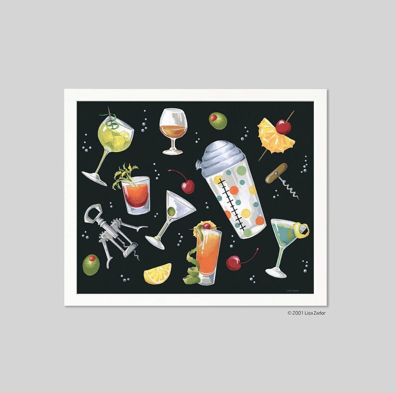 This retro cocktail print from an original watercolor painting, will make a charming addition to your vintage kitchen or bar decor. These playful cocktails and shakers make me want to run into the kitchen and mix up a big batch of martinis!