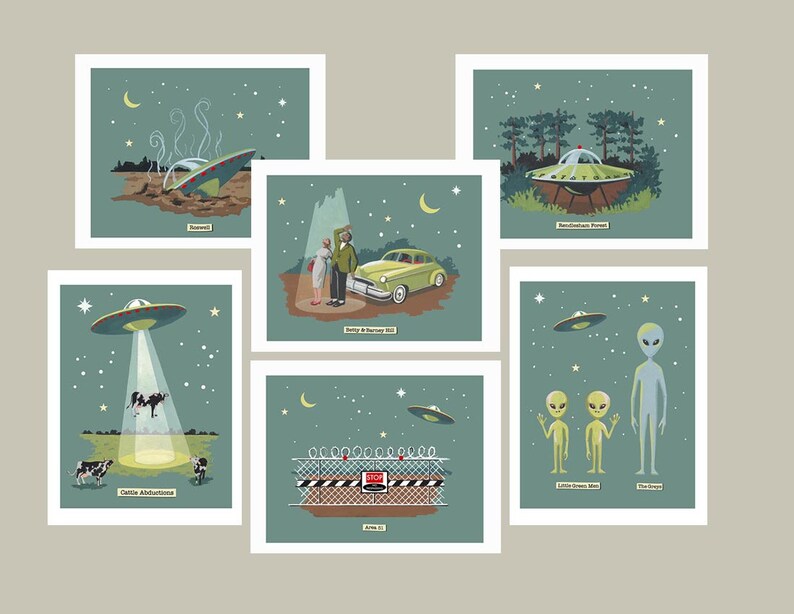 May include: A set of 7 illustrated cards depicting various UFO sightings. The cards feature a crashed UFO, a UFO over a forest, a UFO abducting cows, a UFO over a car, a UFO over a fence, and two aliens standing next to a tall alien.