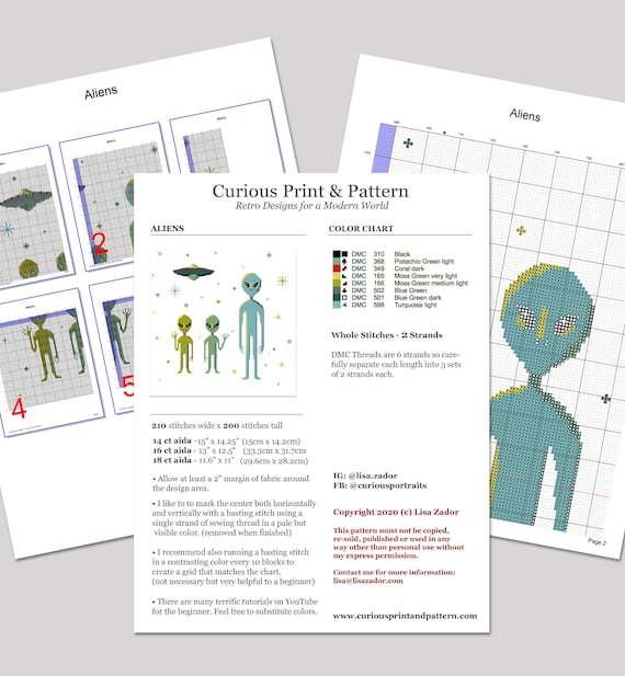 Aliens Cross Stitch Pattern - Retro UFO - Needlepoint Pattern
