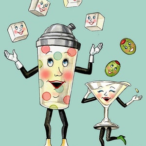 以下が含まれることがあります： 顔のあるカクテルシェーカーとマティーニグラスの漫画のイラスト。シェーカーは砂糖の角砂糖をジャグリングしており、マティーニグラスはオリーブを持っています。背景は薄い青色です。