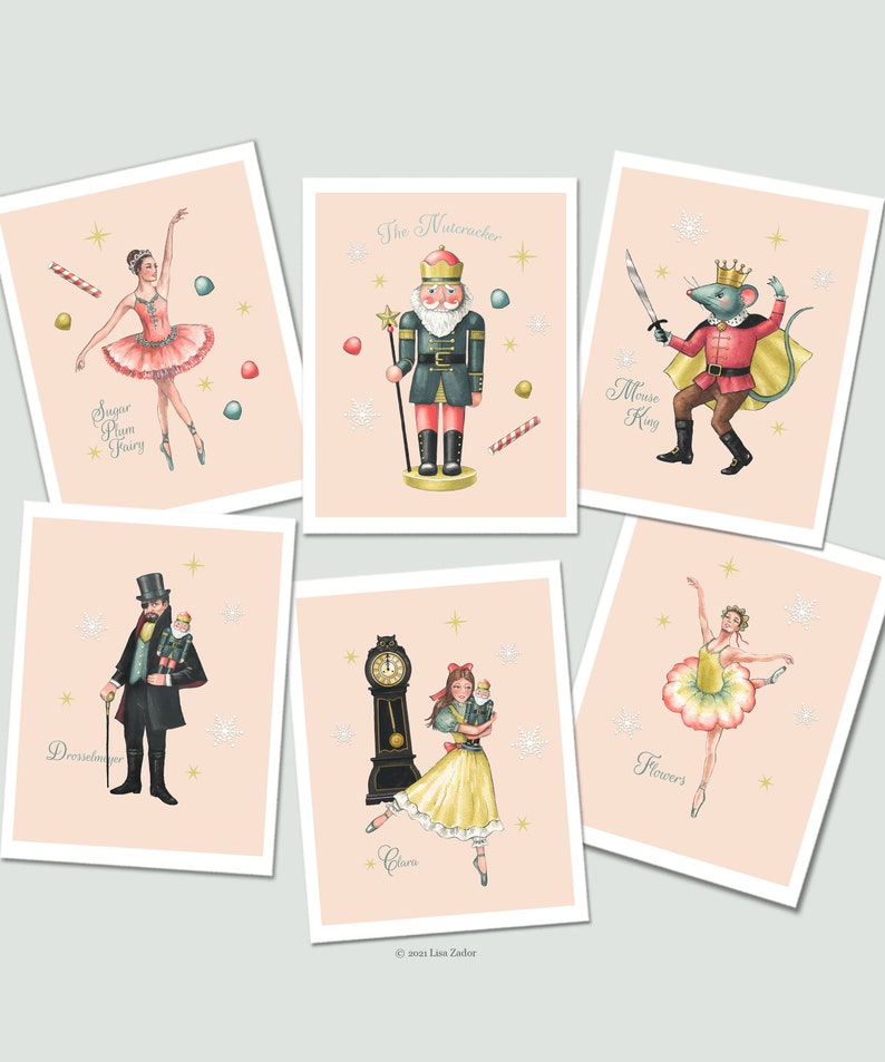 May include: Five illustrated cards with a pink background featuring characters from the Nutcracker ballet. The cards feature the Sugar Plum Fairy, the Nutcracker, the Mouse King, Drosselmeyer, and Clara.