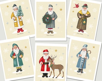 Folk Santa Cards, Set of 6 Fold Over Cards & Envelopes, Father Christmas, Santa Claus, Saint Nick