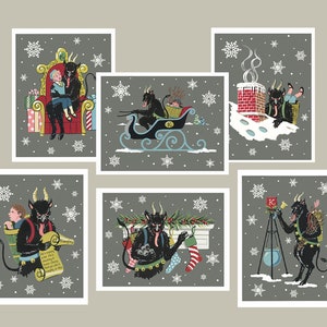 May include: Six illustrated cards featuring a black devil character in various winter scenes. The devil is depicted in a sleigh, on a chimney, in a fireplace, on a throne, carrying a child, and ringing a bell.