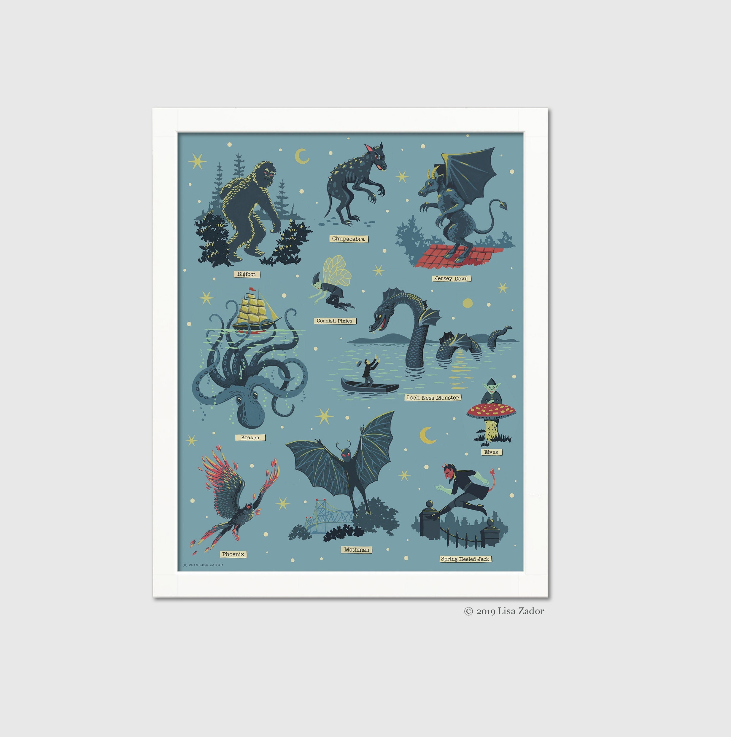 Paranormal Creatures Art Print, Bigfoot, Kraken, Loch Ness Monster