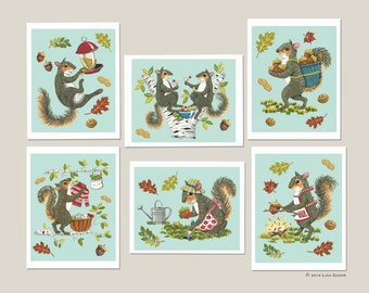 Humorous Squirrel Days of the Week Cards, Retro style Set of 6 Blank Cards with White Envelopes