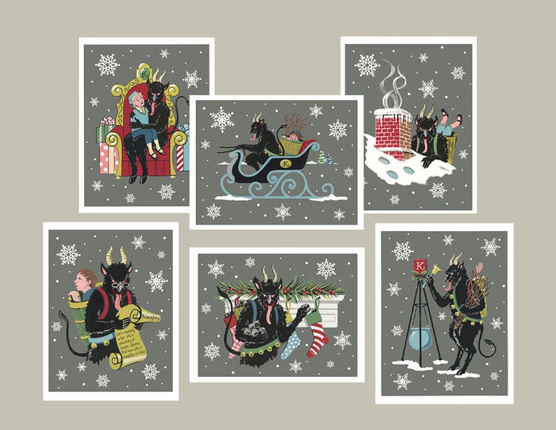 May include: Six illustrated Christmas cards featuring a black devil character in various winter scenes. The devil is depicted in a red chair, riding in a sleigh, climbing out of a chimney, carrying a scroll, hanging stockings, and ringing a bell.