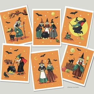 May include: Six illustrated cards featuring witches with orange backgrounds and stars. The witches are wearing green and black dresses and hats. Some witches are flying on broomsticks, others are stirring cauldrons, and some are holding black cats.