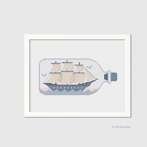 Ship in a Bottle Cross-Stitch Pattern - Counted Cross-stitch - Nautical - Seashore - Summer - Instant Download PDF - Digital
