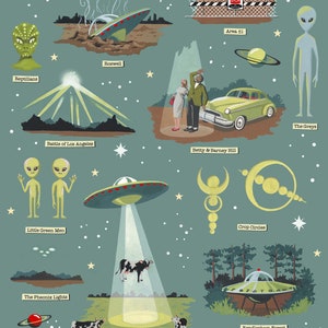 May include: A vintage-style illustration of popular UFO and alien conspiracy theories, including Roswell, Area 51, The Greys, Little Green Men, Crop Circles, Cattle Abductions, The Phoenix Lights, Reptilians, and the Battle of Los Angeles. The illustration is set against a blue-green background with stars and a crescent moon.