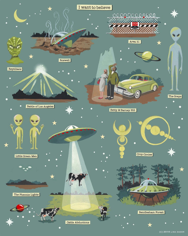 May include: A vintage-style illustration of popular UFO and alien conspiracy theories, including Roswell, Area 51, The Greys, Little Green Men, Crop Circles, Cattle Abductions, The Phoenix Lights, Reptilians, and the Battle of Los Angeles. The illustration is set against a blue-green background with stars and a crescent moon.
