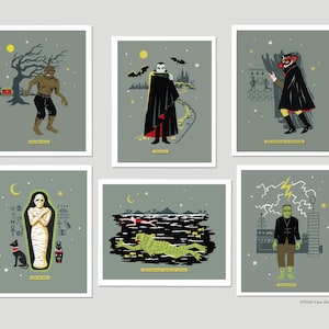 Carte di mostri classici di Halloween con Dracula, Frankenstein dall'opera d'arte originale: Mummia, Uomo lupo, Fantasma, Dr Jeckyll, Laguna Nera