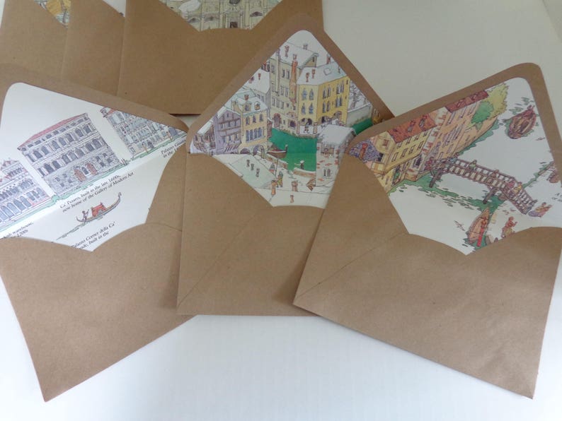 Venice Upcycled Book Pages. Italy Hand Made Envelopes and Stationery Set of 6 A7 Sized Envelopes