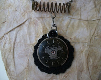 Steampunk Necklace - Crochet Watch Face with Steampunk Facets