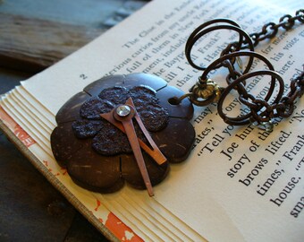 Steampunk Necklace - Upcycled Wood Charm with Steampunk Facets