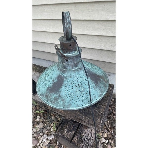 Vintage Antique Tin Punched Primitive Ceiling Pendant Lamp Farmhouse Green Works