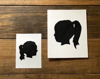 Ready to frame, hand painted unframed silhouette portrait on acrylic paper. 8x10 and 5x7 sizes listed. Custom sizes available upon request.