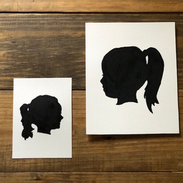 Ready to frame, hand painted unframed silhouette portrait on acrylic paper. 8x10 and 5x7 sizes listed. Custom sizes available upon request.