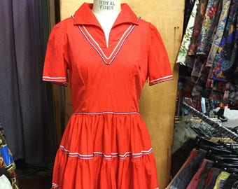 Red Patio Dress Western Rockabilly Square Dance Rick Rack Trim