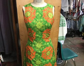 Green and Bright Orange Beautiful Maxi Dress Tiki Oasis