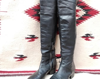 Frye Clara Boots // Black Leather Knee High Boots // Over the Knee // Fold Over Boot // Western Cowgirl // Size Womens 7