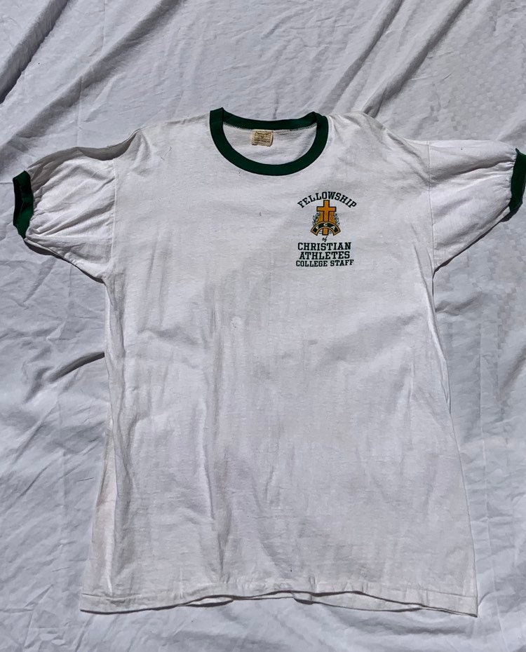 1980s White and Green Ringer Graphic T-shirt - Etsy