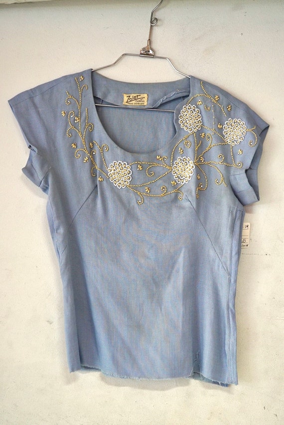 1950’s Zolot Light Blue Beaded Linen Blouse - image 2