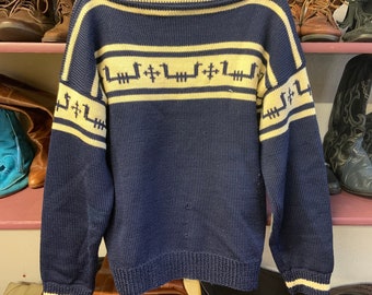 1950s Navy Blue and Cream Vikings Ski Sweater with Bateau Neck