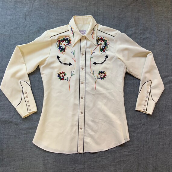 1990s H Bar C Cream Embroidered Western Shirt
