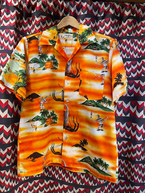 1970s Hukilau Fashions Tiki Hawaiian Shirt