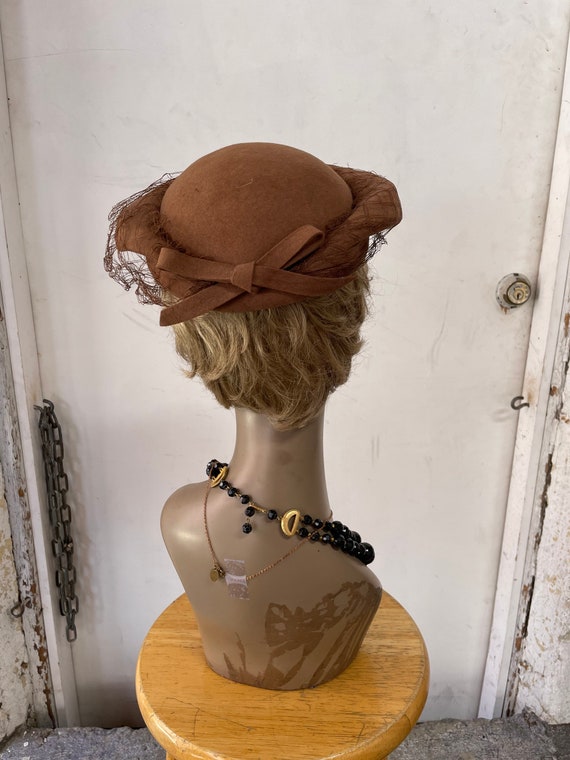 Brown Wool Felt Hat with Mesh Veil - image 4