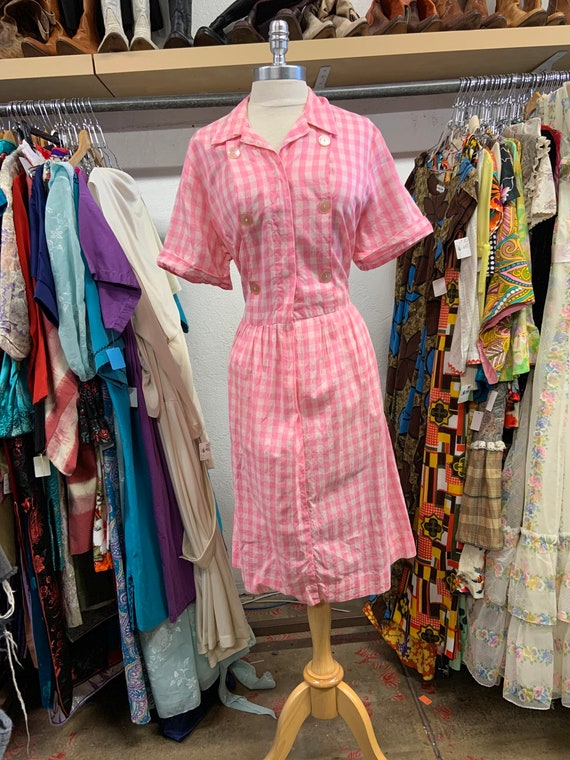 1950s Pink and White Cotton Gingham Dress
