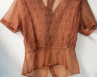 May include: A rust-colored blouse with a V-neck and short sleeves. The bodice features a textured, ruched design, and the sheer fabric creates a layered effect. The blouse is hanging on a wooden hanger against a white background.