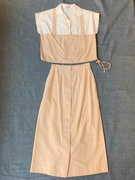 1950s Beige And Brown Pinstriped Two Piece Skirt … - image 1