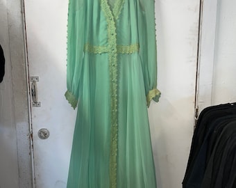 1970s Green Chiffon and Lace Long Dress