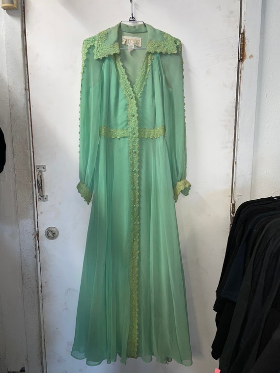 1970s Green Chiffon and Lace Long Dress