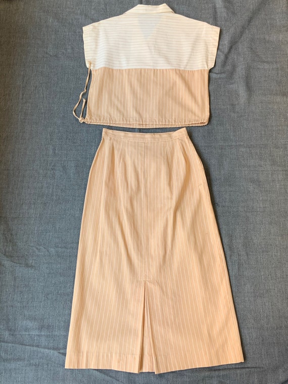 1950s Beige And Brown Pinstriped Two Piece Skirt … - image 2
