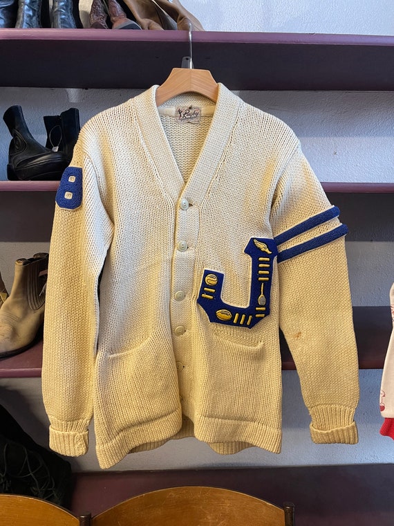 1950s Beige and Blue Varsity Cardigan Sweater