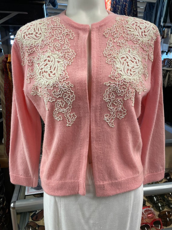 1950s Light Pink Cashmere Cardigan with Beaded Ap… - image 1