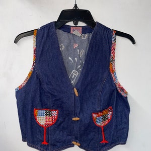 1970s Denim Vest with Patchwork Floral Trim and Embroidered Appliqués